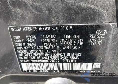 2021 Honda Hr-V Awd Ex z USA, uszkodzony, nr VIN 3CZRU6H50MM729773